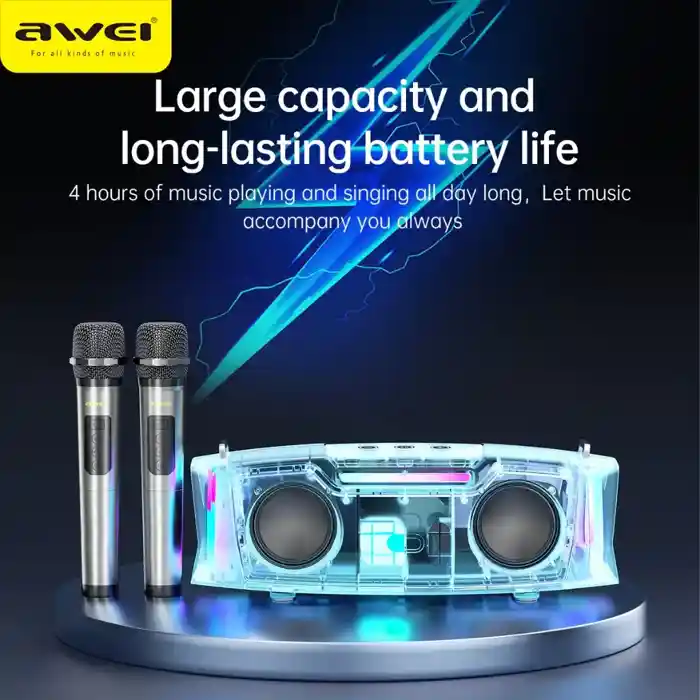 AWEI KT28 Karaoke Wireless Bluetooth Speaker With Dual Wireless Mic Outdoor Portable RGB HiFi Audio USB Player System